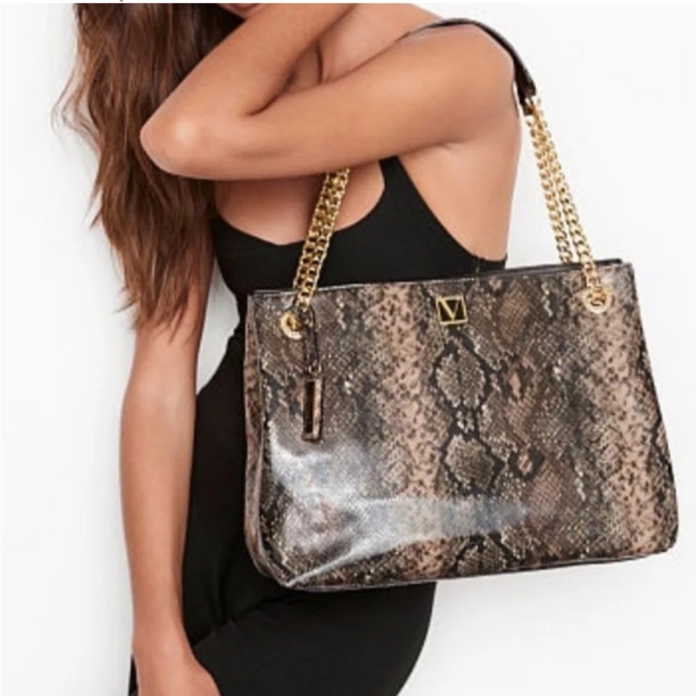 Victoria’s Secret snakeskin print tote style purse, multiple pockets, mirror